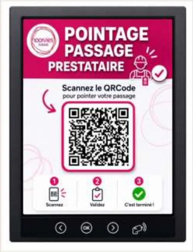 Affiche « Pointage passage prestataire » 1001 Vies Habitat : scannez le QR code pour pointer votre passage