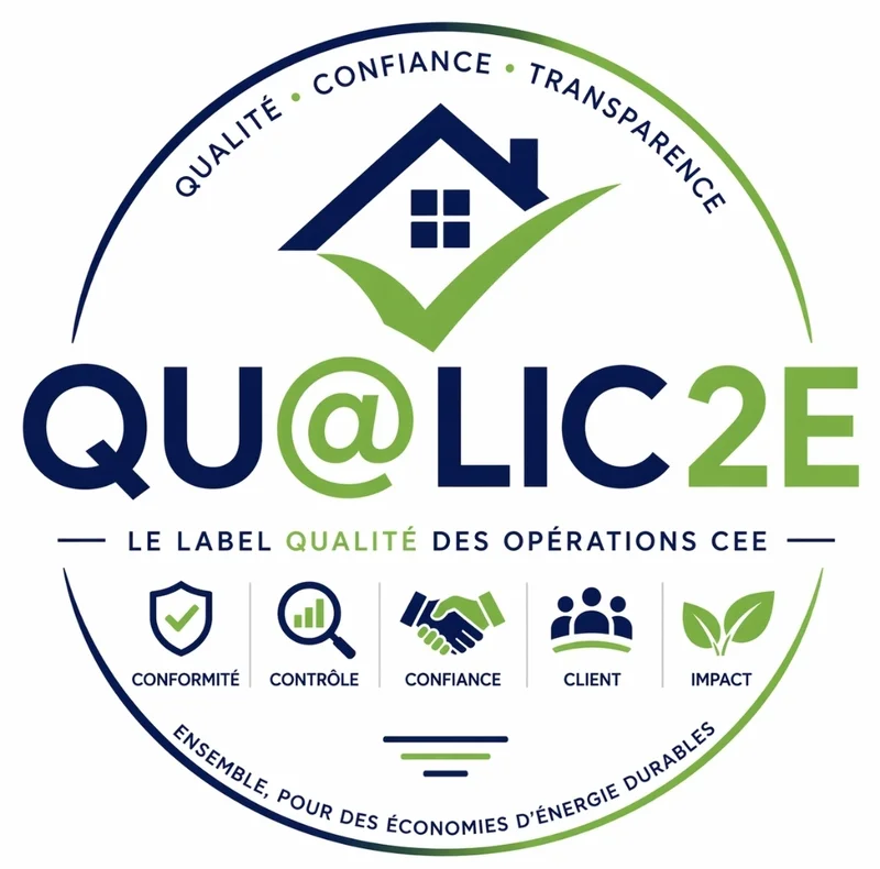 Logo QU@LIC2E, le label qualité des opérations CEE : conformité, contrôle, confiance, client, impact
