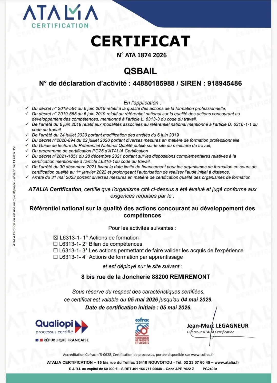 Certificat Qualiopi n° ATA 1874 2026 délivré à QSBAIL par ATALIA Certification