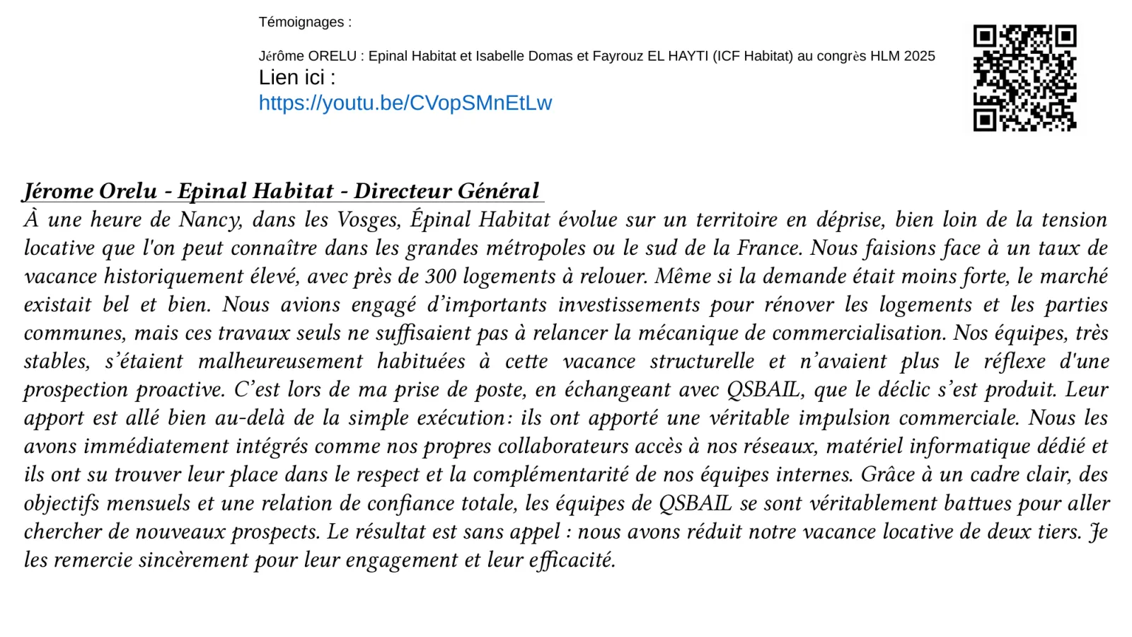 Annexe · vidéo Congrès HLM 2025 et témoignage de Jérôme Orelu, Épinal Habitat